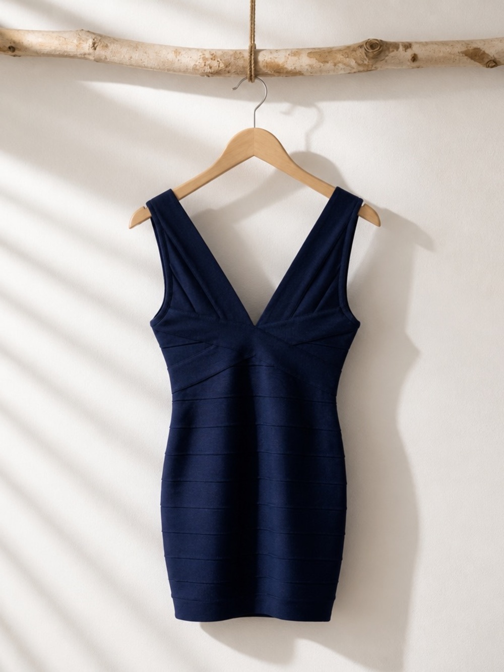 Herve Leger V-Neck Bodycon Dress in Navy